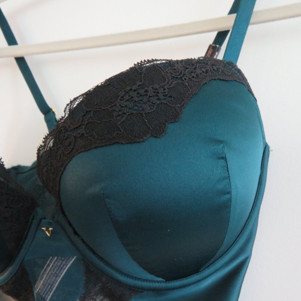 VICTORIA'S SECRET Very Sexy Push Up Corset Bra Green Satin Lace - Size 34DD NWT - Picture 5 of 16